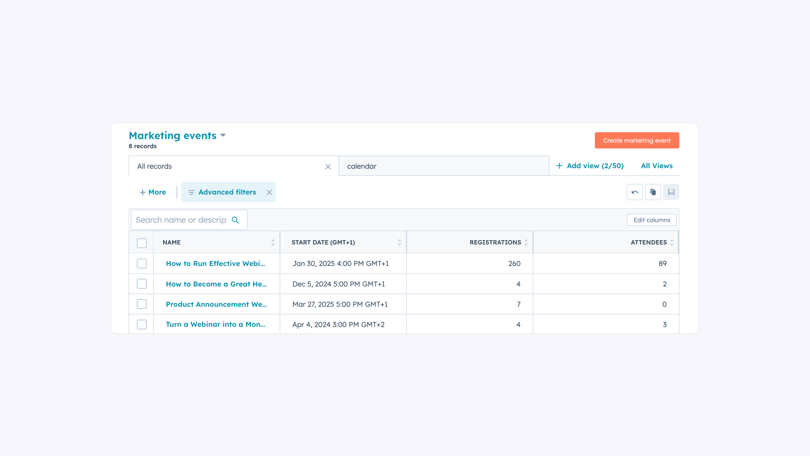 Marketing events data in HubSpot